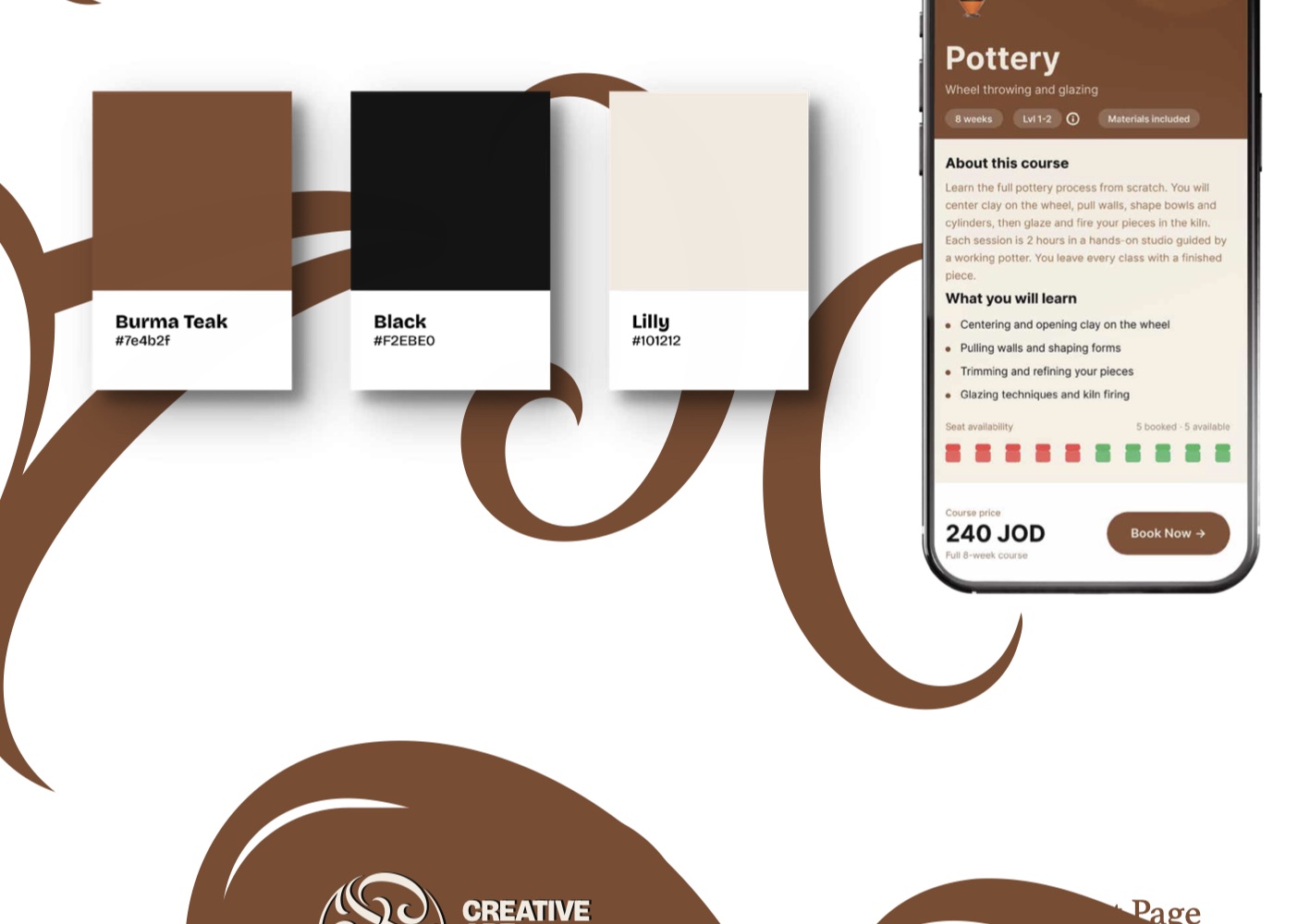 Brand document: the Creative Art Center monogram presented as an app icon in Burma Teak brown.