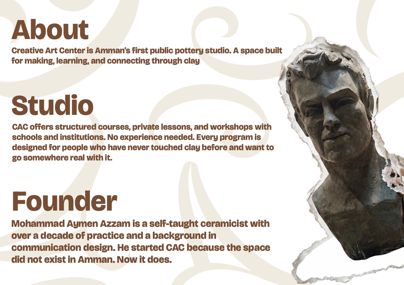 Brand document: About, Studio and Founder sections introducing the studio and its structured-course model.