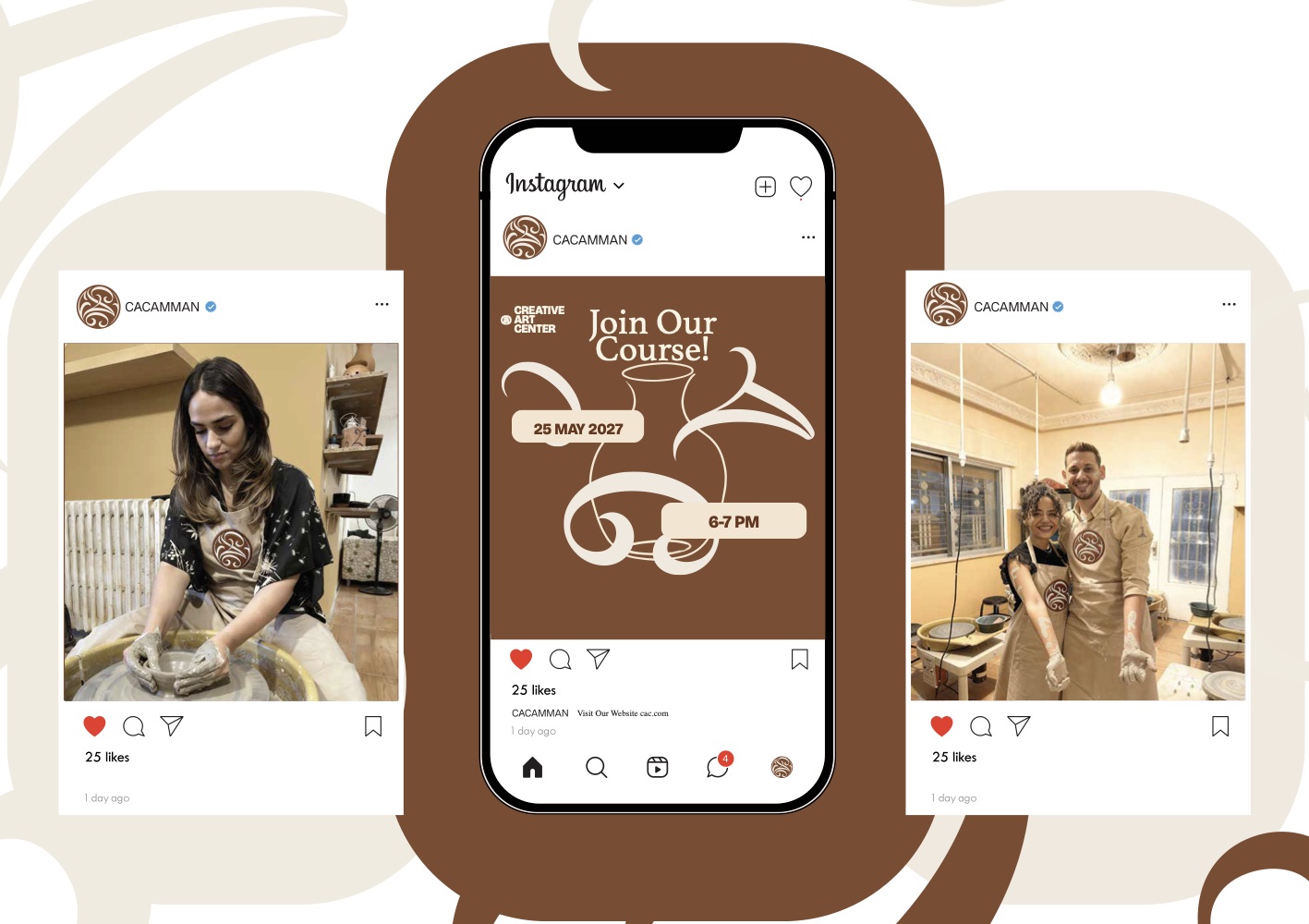 Brand document: Instagram mockups showing studio photography and a Join Our Course announcement post.
