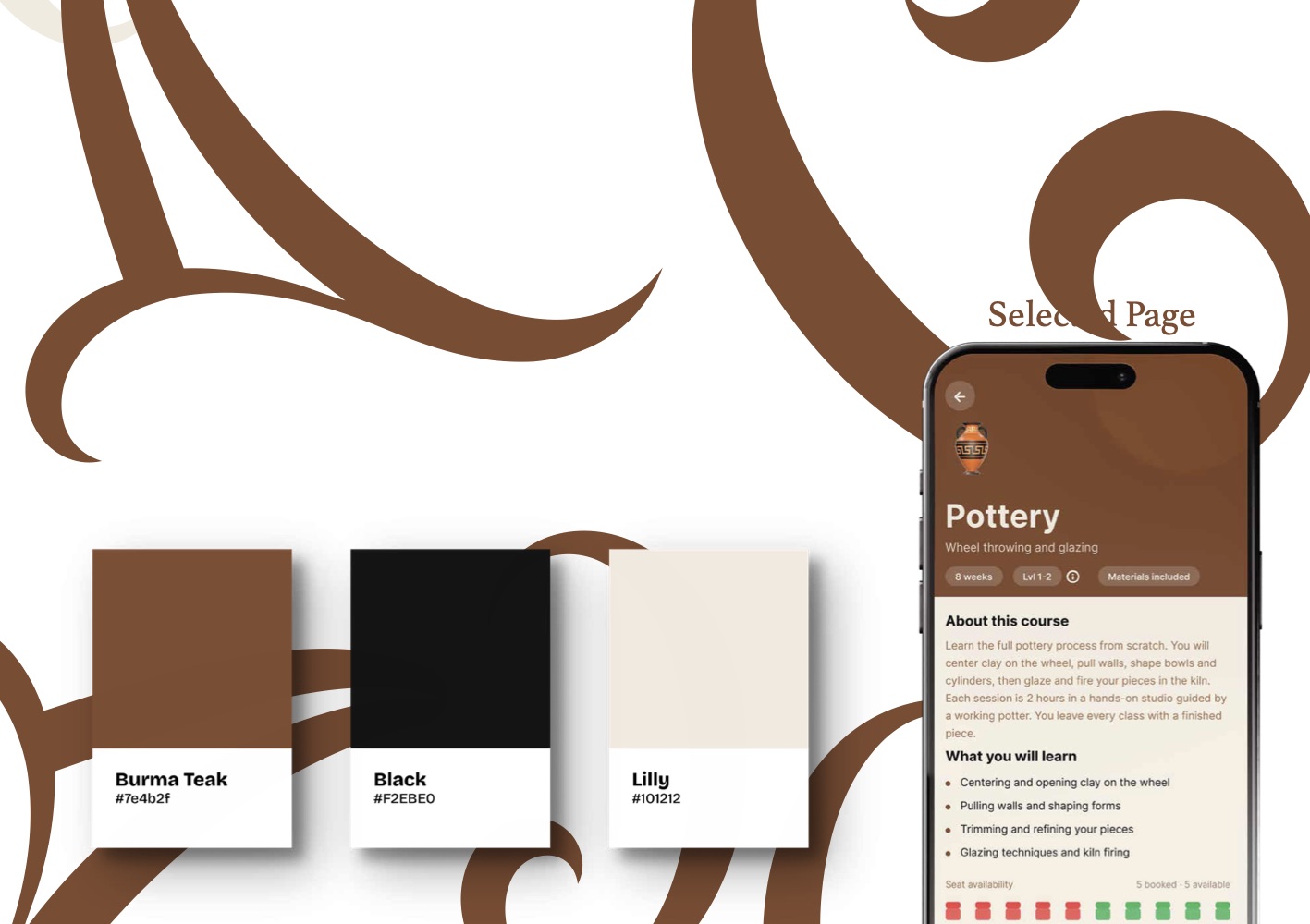 Brand document: colour palette cards for Burma Teak, Black and Lilly alongside a course detail screen.