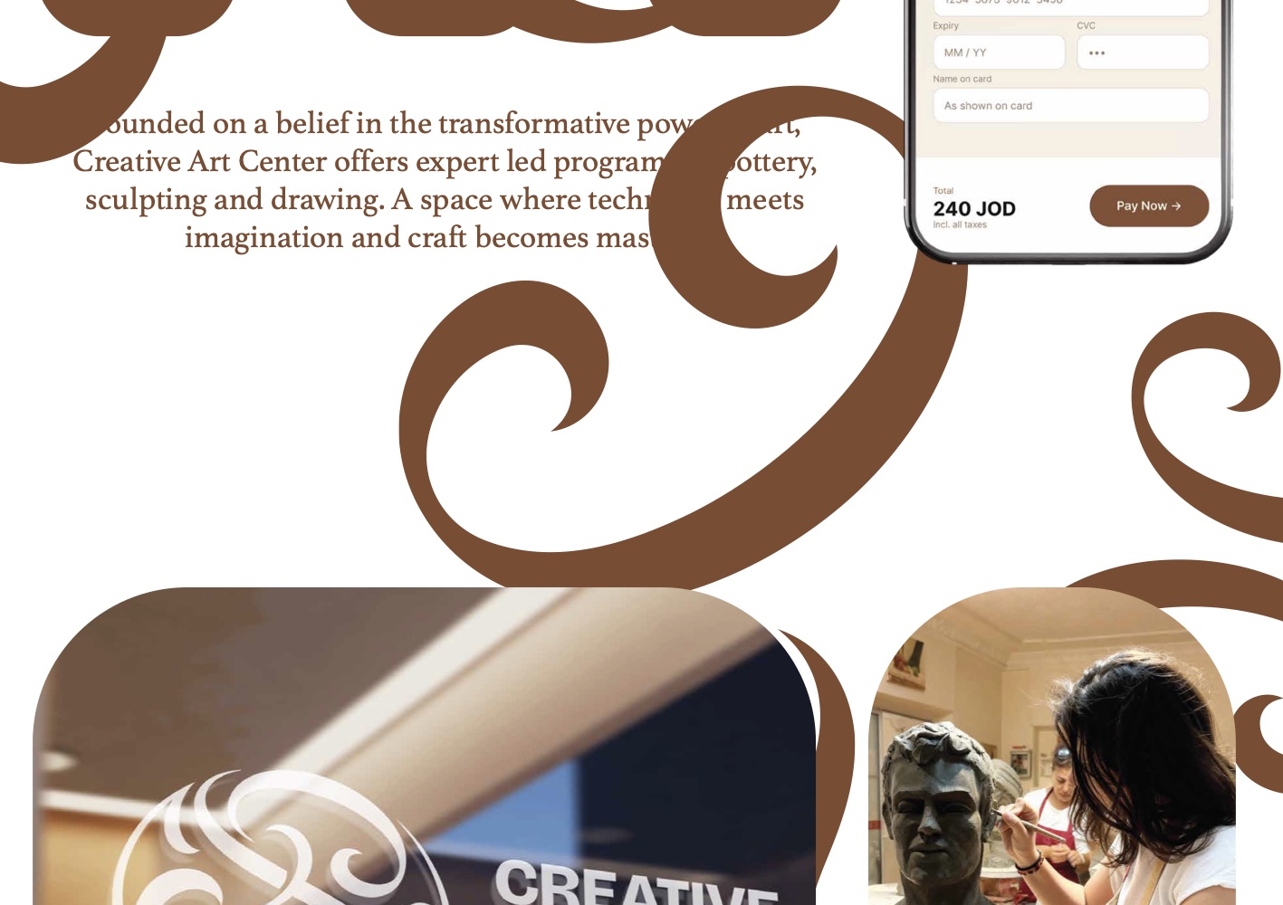 Brand document: the monogram applied to a tote bag and studio signage, with hands working at the wheel.
