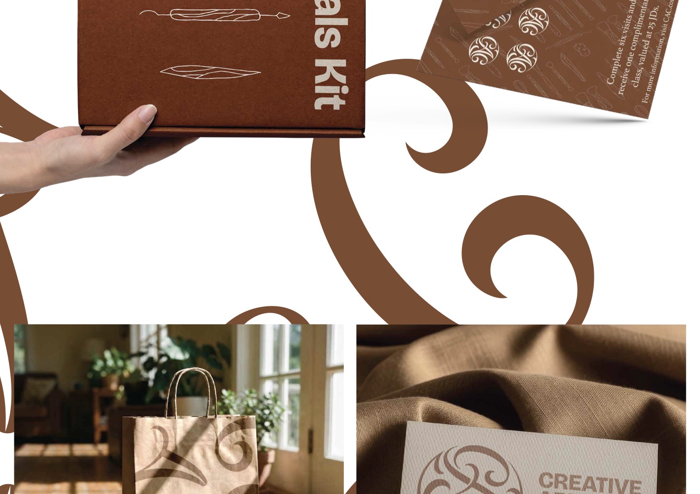 Brand document: branded studio apron and packaging applications.