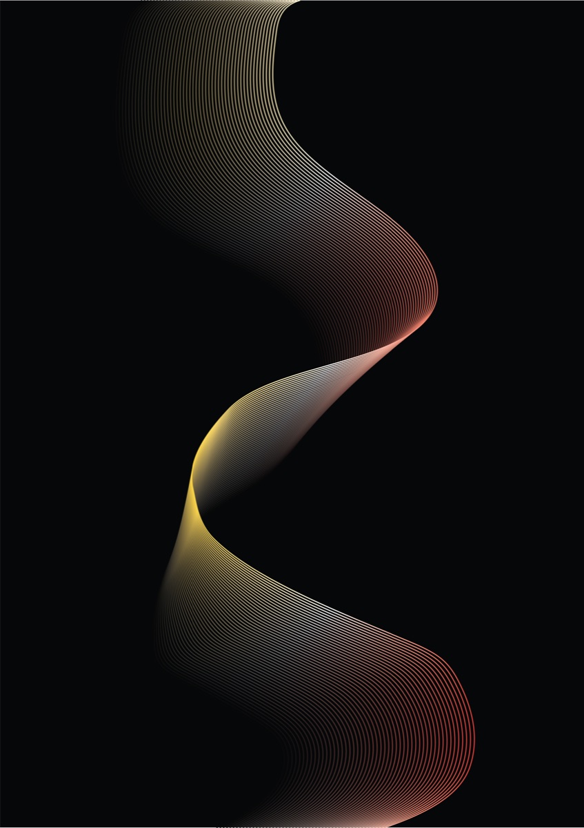 Poster: a ribbon of hundreds of fine lines curving down the sheet, shifting from yellow through red against black. No lettering.
