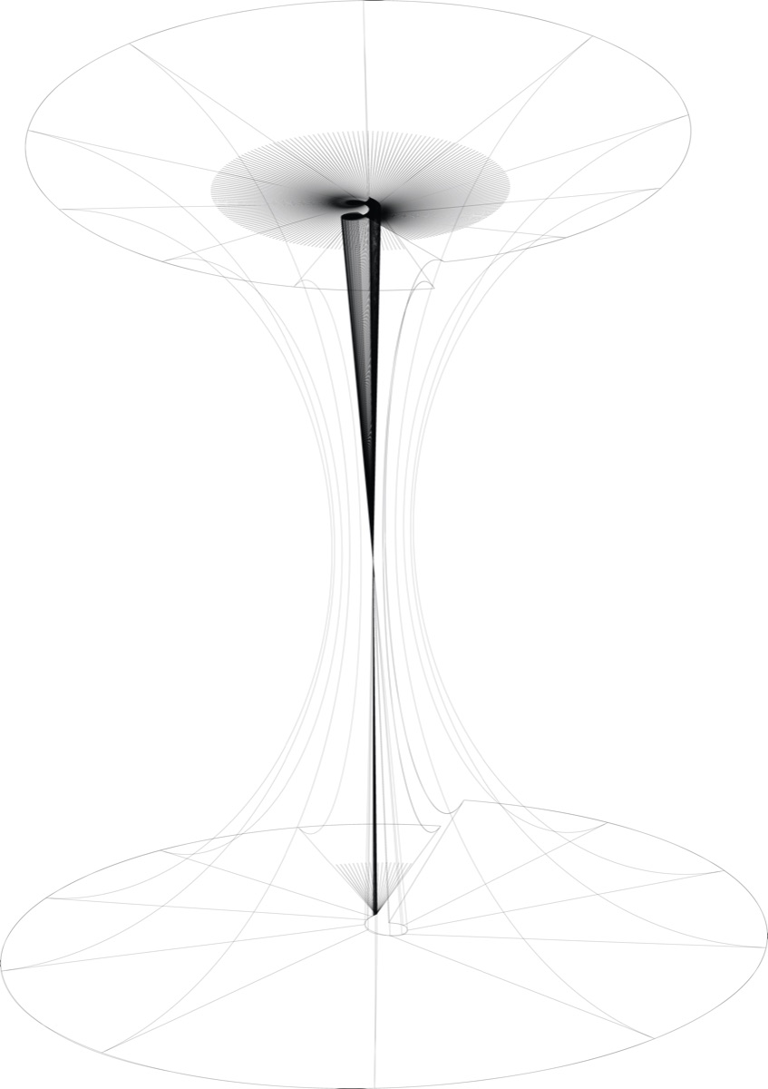 Poster: a wireframe spindle drawn in fine grey lines on white, flaring into discs at top and bottom. No lettering.