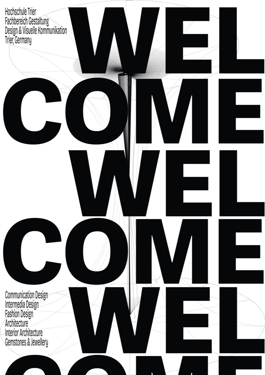 Poster: WELCOME stacked in heavy black capitals on white, the wireframe spindle showing faintly behind, with the programme list set small at the lower left.