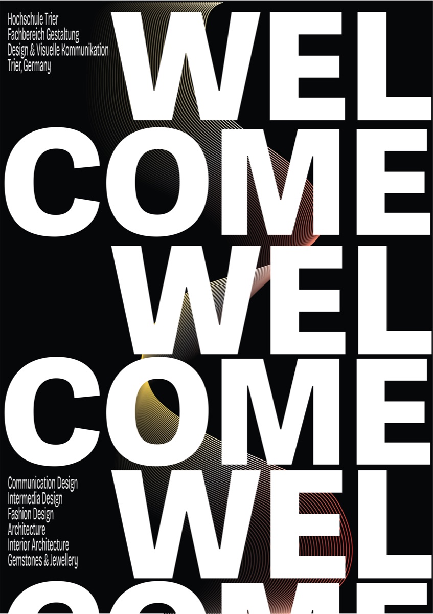 Poster: WELCOME stacked in white capitals on black, the yellow-to-red ribbon showing through the counters of the letters.