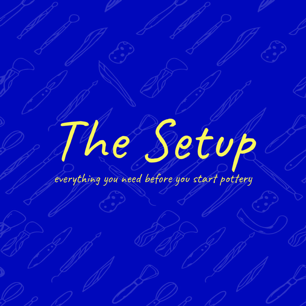 The Setup cover: yellow handwritten title on an electric indigo ground patterned with outlined pottery tools.