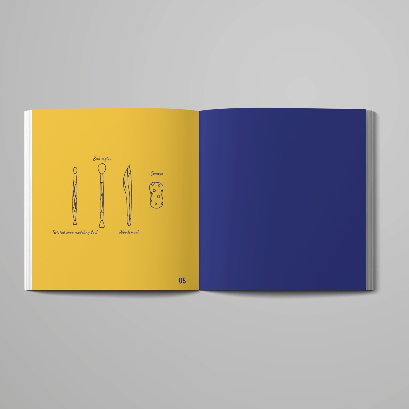The printed book open at page 05: hand-drawn tool plates labelled on a yellow page, facing a solid blue page.