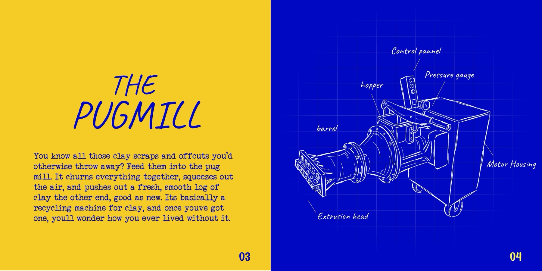The Pug Mill chapter: a yellow page explaining how the machine recycles clay offcuts, facing a blueprint diagram labelling the hopper, barrel, pressure gauge, extrusion head and motor housing.